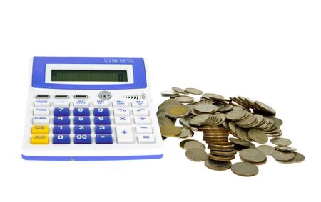 thai coin, blue calculator isolated on white backgroundの写真素材