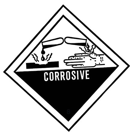 warning label of corrosive, destroys living tissue on contact, hazard symbol or warning sign on white backgroundの写真素材