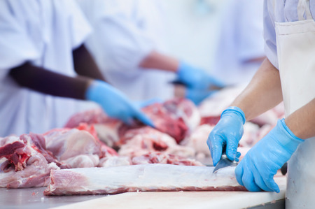 butcher chopping pork meat in meat industryの写真素材