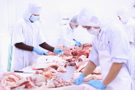 butcher cutting meat on the table in meat industryの写真素材