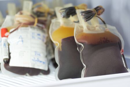 blood pouch in refrigerator at blood bank at laboratory hospitalの写真素材