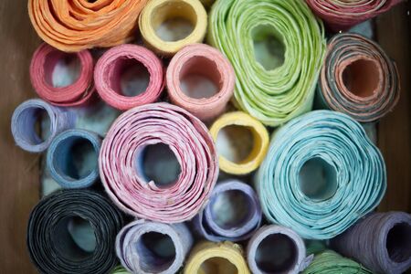 colorful roll mulberry paper background and textureの写真素材