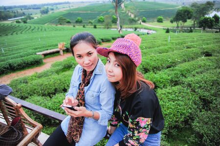 two asia beautiful Woman with telephon at tea farmの写真素材