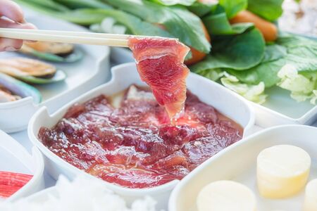 Sliced Beef, set of food suki is japanese food in restaurants, soup, thai styleの写真素材