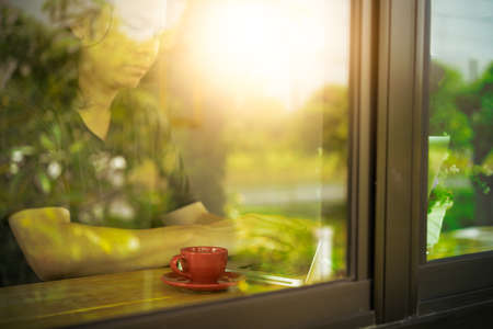asia man Working in coffee shopの写真素材
