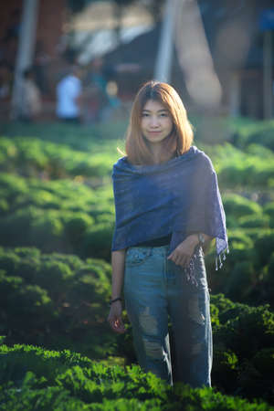 portrait of asia tourist woman on vegetable farm at angkhang mountain chiangmai Thailandの写真素材
