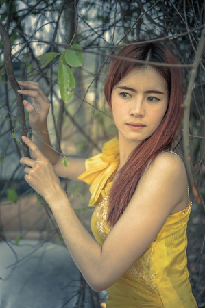 Portrait of Asia Beautiful woman in yellow dress on natureの写真素材