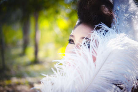 close up of asia beautiful young woman posing in forestの写真素材