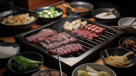 Indulge in the Sizzling and Mouthwatering Flavors of Grilled-to-Perfection Meats, Fresh Vegetables, Generative AIの素材