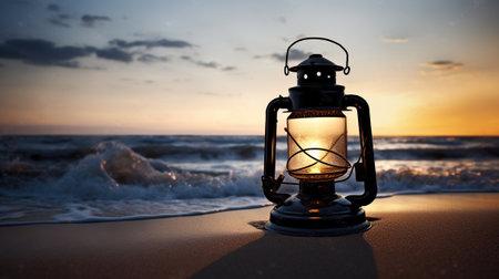 Lit lantern on the beach by sunset and storm, in the style of vintage-inspired, light black, Generative AIの素材