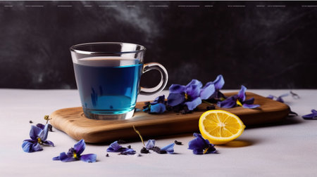 Organic blue tea Anchan, Clitoria, Butterfly Pea. Generative AIの素材