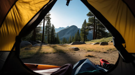 Hiking in nature, Scenic view from the tourist tent. Active recreation, Generative AIの素材