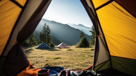 Hiking in nature, Scenic view from the tourist tent. Active recreation, Generative AIの素材