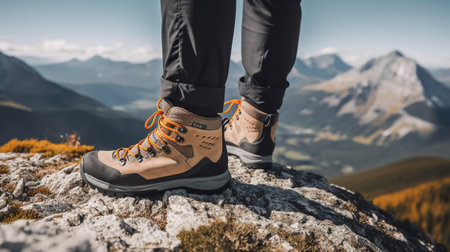 Close-up of the trekking shoes of a hiker crossing a mountainous area at the top of a hill. Generative AIの素材