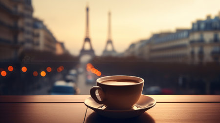 Cup of delicious coffee on blurred background of Paris view with Eiffel tower. Generative AIの素材