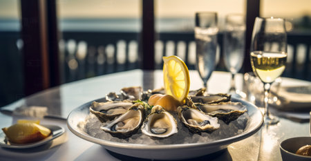 Feast on some freshly shucked oysters and savor a glass of white wine in a vibrant seafood eatery. Generative AIの素材