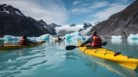 Glacial Adventures, Ocean Kayaking with Friends in Alaska's Majestic Bear Glacier. Generative AIの素材
