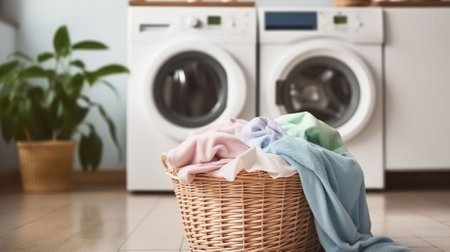 Soft Hues of Cleanliness, Delicate Pastel Interior Sets the Stage for Laundry in Washing Machine and Basket. Generative AIの素材