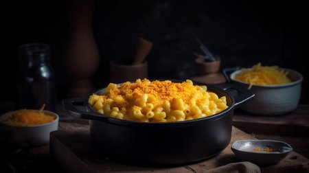 Mac and cheese. Classic American rustic mac and cheese. Golden baked macaroni with cheddar. Generative AIの素材