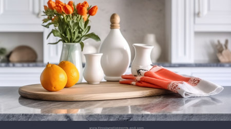 Stylish Marble Podium Adds a Touch of Glamour to Kitchen Table, Perfect for Product Display. Generative AIの素材