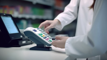 Pharmacy Drugstore Checkout Cashier Counter, Pharmacist and a Customer Using NFC Smartphone with Contactless Payment Terminal to Buy Prescription Medicine, Generative AIの素材