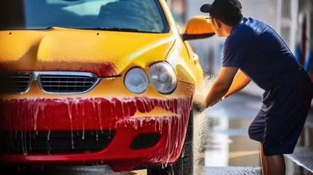 Man cleaning automobile with sponge at car wash. Generative AIの素材