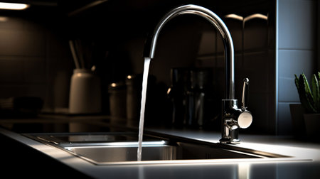 Kitchen tap with water flowing out, modern kitchen, bright lighting, clean, Generative AIの素材