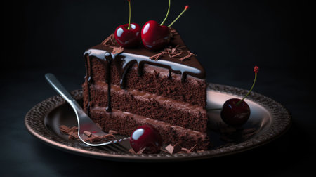 Piece of chocolate cake cherry top on dark plate, muffled light, close up, very detailed. Generative AIの素材