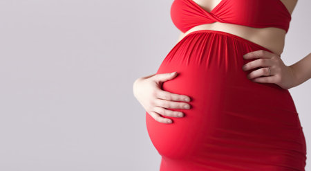 Abdomen of pregnant woman on white background, Generative AIの素材
