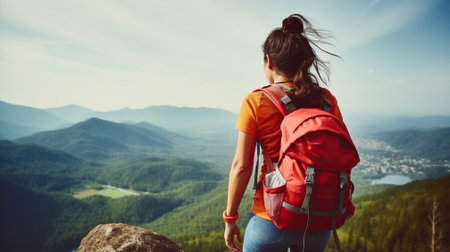 Conquering Heights, Woman Hiker's Joyful Moment on the Mountain Top. Generative AIの素材