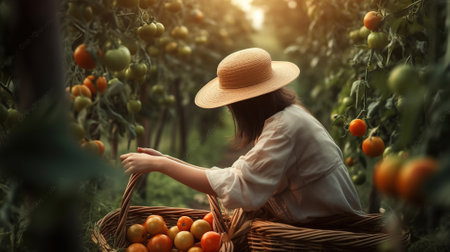 Natures Bounty, Woman Harvesting Organic Tomatoes with Care, Generative AIの素材
