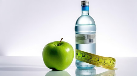 Bottle water with apple and measure on white background, Generative AIの素材