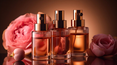 Radiant Elegance: Luxury Skincare in Amber Glass Bottles Set Against a Dusty Pink Rose Background. Generative AIの素材