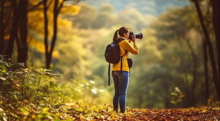Woman photographer taking pictures in autumn forest, Generative AIの素材