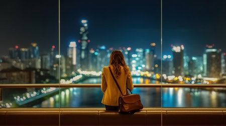 Woman looks at night cityscape. Generative AIの素材