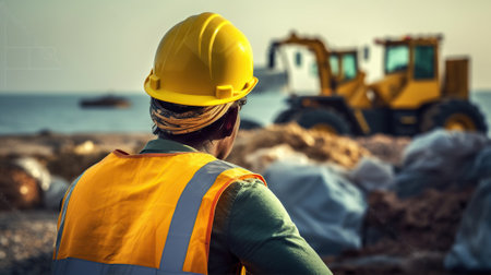 At back of the construction worker head which is wearing the safety helmet. Generative AIの素材