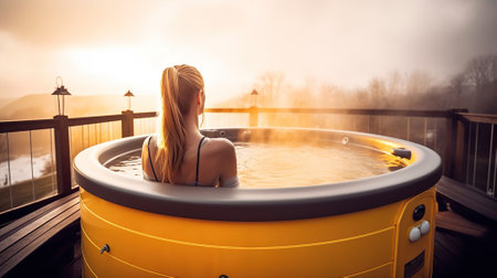 Steam and Tranquility, Woman Finds Bliss in the Hot Tub's Relaxing Embrace. Generative AIの素材
