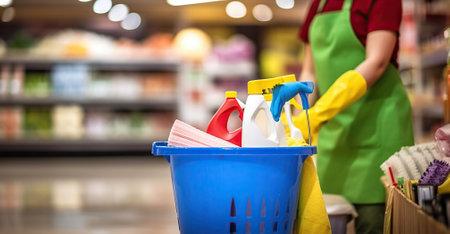 Cleaner with Bucket and Cleaning Products in Action. Generative AIの素材