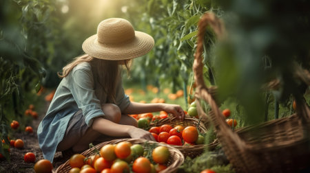 Natures Bounty, Woman Harvesting Organic Tomatoes with Care, Generative AIの素材