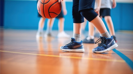 Young children wearing school sportswear learning to dribble a basketball during physical education classes. Generative AIの素材