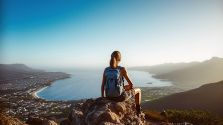 Young Woman Hiker Reaches Mountain Peak, Greeted by Sunrise at the Seaside. Generative AIの素材