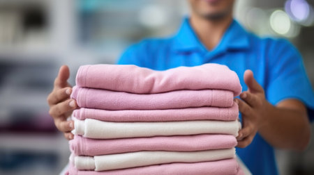 Laundry Worker Proudly Presents Freshly Cleaned Towels. The concept of cleaning service popularity. Generative AIの素材