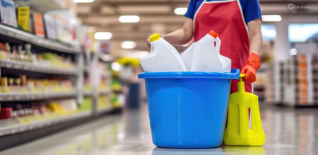Cleaner with Bucket and Cleaning Products Ensuring a Spotless Shopping Experience. Generative AIの素材