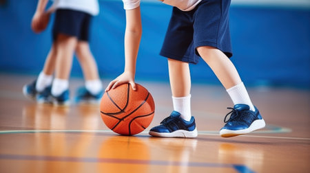 Young children wearing school sportswear learning to dribble a basketball during physical education classes. Generative AIの素材