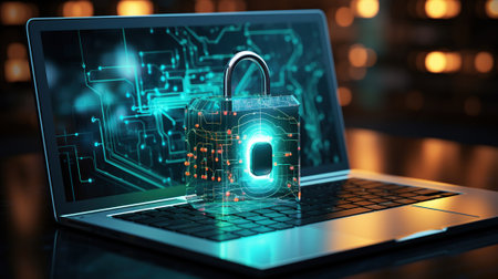 illustration of cyber security with high-tech padlock protecting a laptop computer on a desk. Generative AIの素材