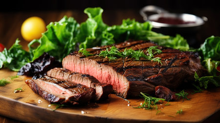 Delicious flank steak with brown fried crust on wooden board with greens. Generative AIの素材
