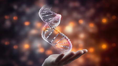 A Hand Holds DNA Amidst Molecules. The concept is human influence on the environment and generation issues. Generative AIの素材
