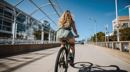 Woman Delights in a Sunny City Bike Ride, Exploring Streets and Smiles. Generative AIの素材