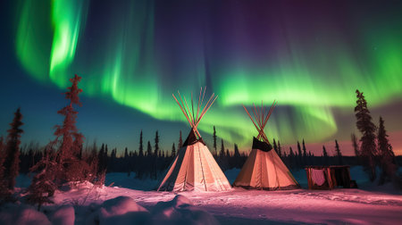Teepees Amidst the Aurora: Captivating Northern Lights Display. Generative AIの素材