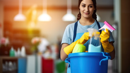 Cleaning lady standing with a bucket and detergents on blurred background. Generative AIの素材